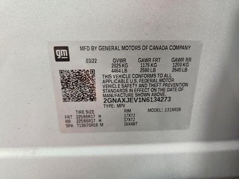 Продажа на аукционе авто 2022 Chevrolet Equinox, vin: 2GNAXJEV1N6134273, номер лота: 60802156