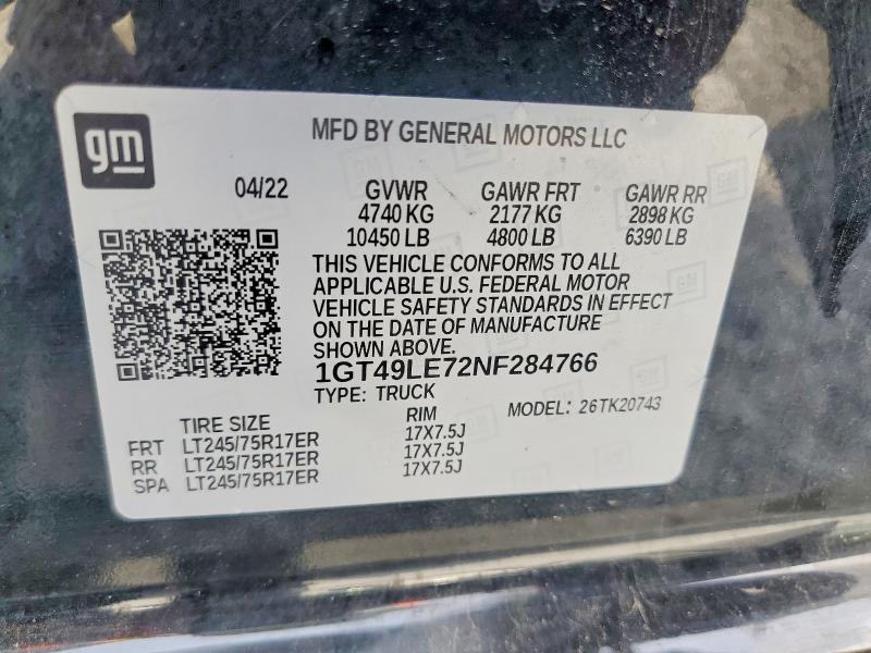 62644586 :رقم المزاد ، 1GT49LE72NF284766 vin ، 2022 Gmc Sierra مزاد بيع