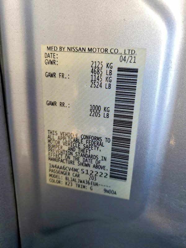 Продажа на аукционе авто 2021 Nissan Maxima, vin: 1N4AA6CV4MC512222, номер лота: 62692956