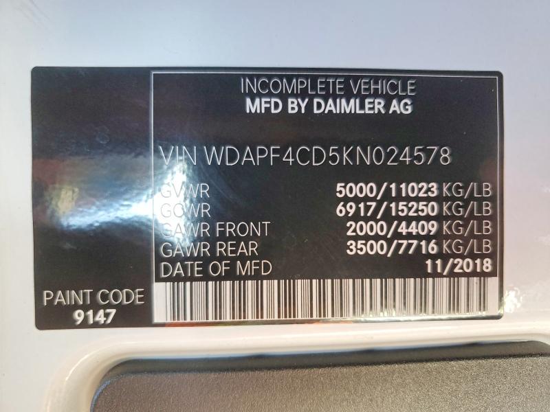 2019 Mercedes-benz Sprinter მანქანა იყიდება აუქციონზე, vin: WDAPF4CD5KN024578, აუქციონის ნომერი: 62850656