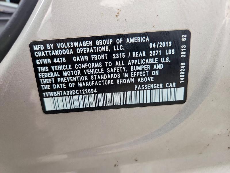 Auction sale of the 2013 Volkswagen Passat, vin: 1VWBH7A33DC122694, lot number: 62944766