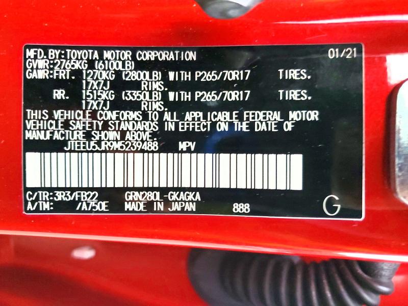 2021 Toyota 4runner მანქანა იყიდება აუქციონზე, vin: JTEEU5JR9M5239488, აუქციონის ნომერი: 61375486