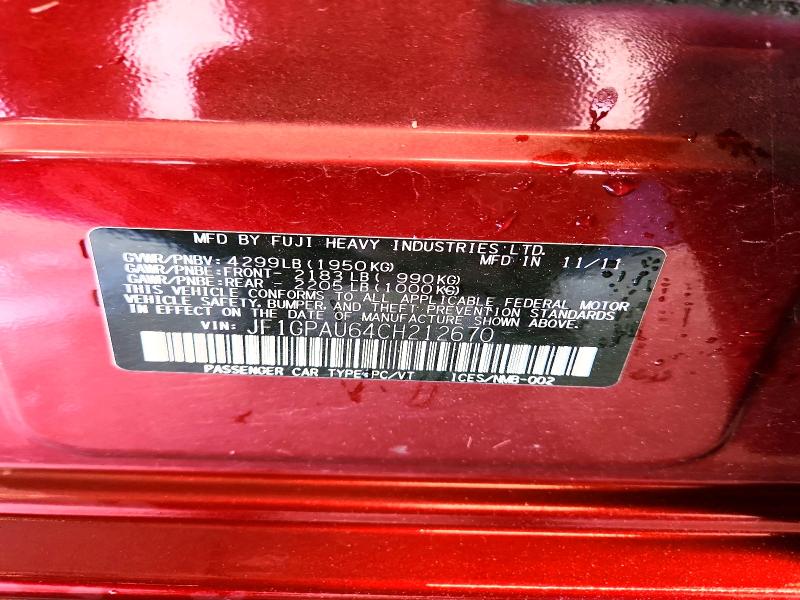 63107616 :رقم المزاد ، JF1GPAU64CH212670 vin ، 2012 Subaru Impreza مزاد بيع