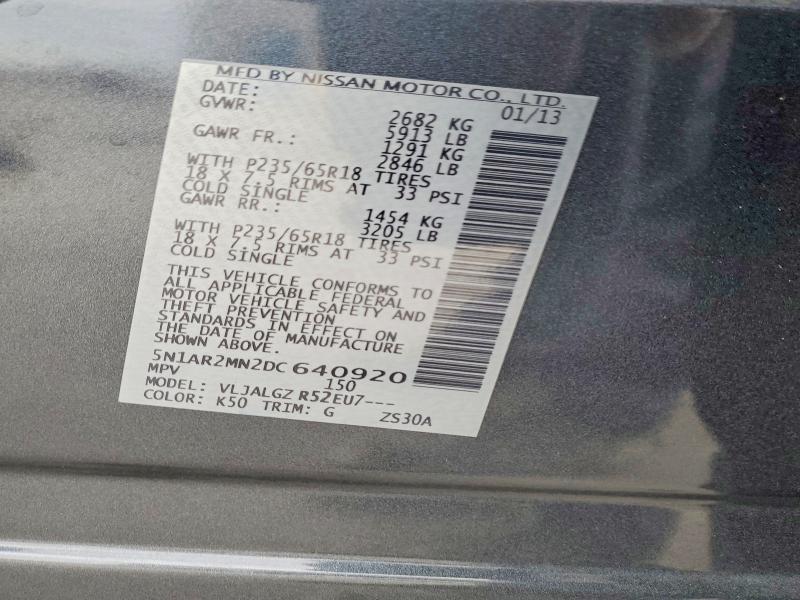 2013 Nissan Pathfinder მანქანა იყიდება აუქციონზე, vin: 5N1AR2MN2DC640920, აუქციონის ნომერი: 61942596