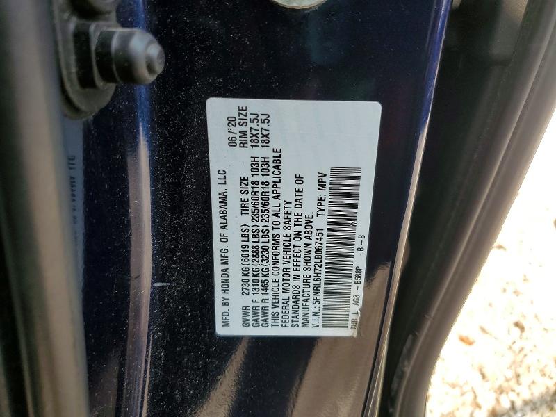 62437116 :رقم المزاد ، 5FNRL6H72LB067451 vin ، 2020 Honda Odyssey مزاد بيع