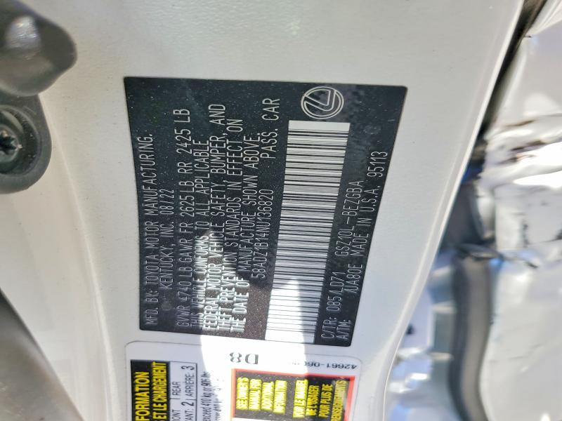 Aukcja sprzedaży 2022 Lexus Es 350, vin: 58ADZ1B14NU136820, numer aukcji: 60755256