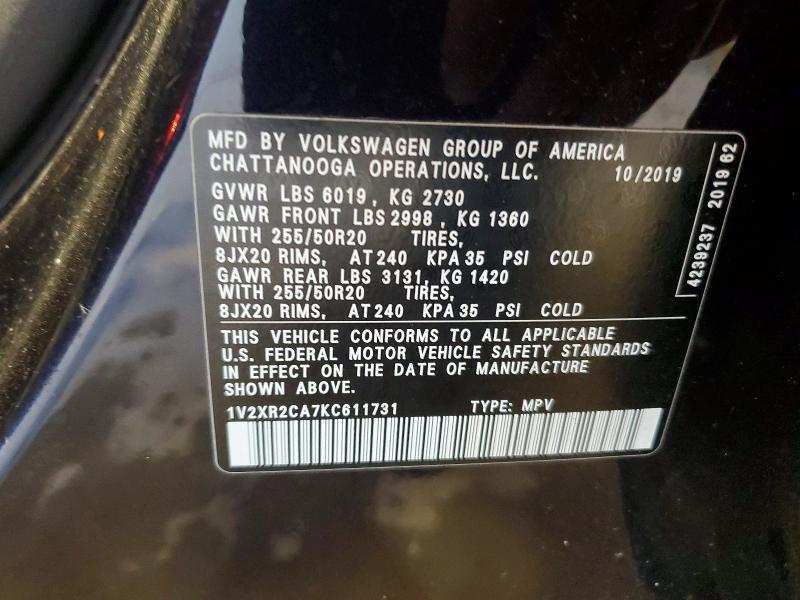 59988776 :رقم المزاد ، 1V2XR2CA7KC611731 vin ، 2019 Volkswagen Atlas مزاد بيع