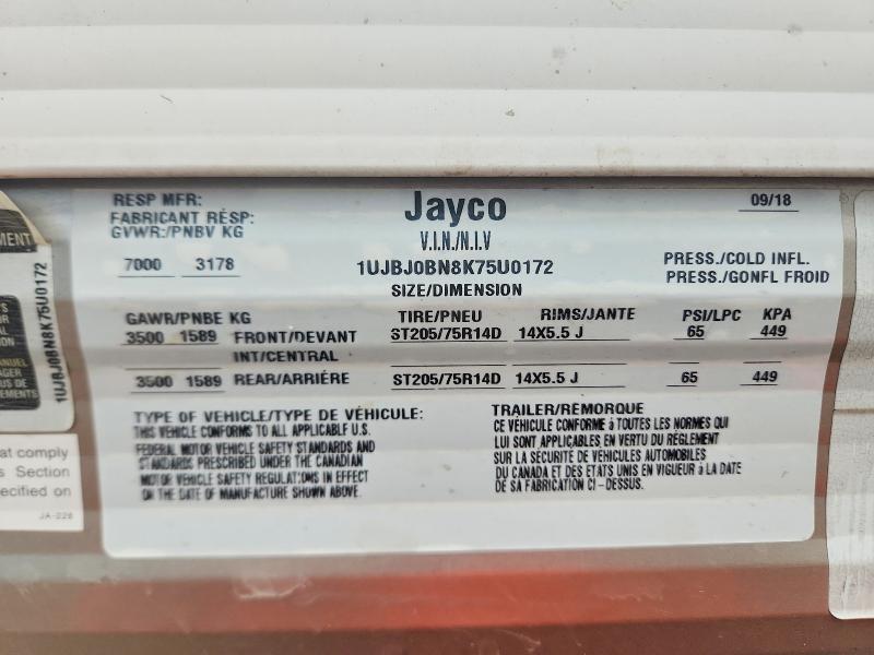 Auction sale of the 2019 Jaco Jay Flight Trv Trail, vin: 1UJBJ0BN8K75U0172, lot number: 60188786