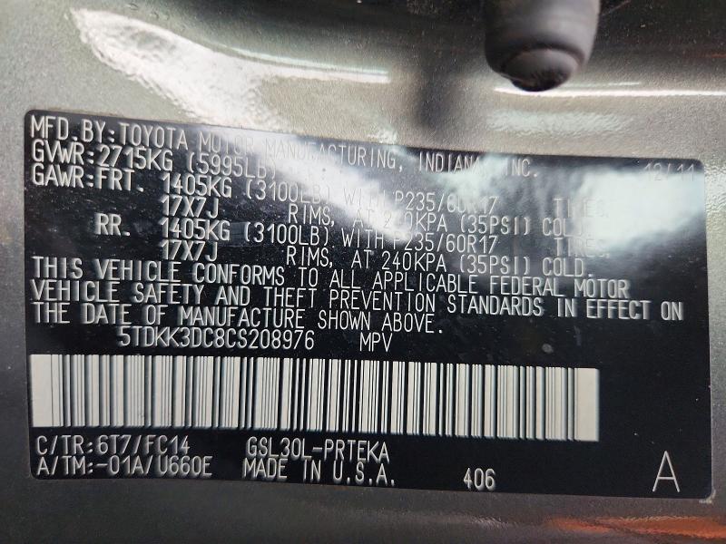 Продаж на аукціоні авто 2012 Toyota Sienna, vin: 5TDKK3DC8CS208976, номер лоту: 62407776