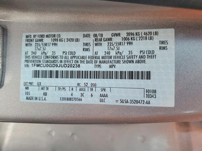 Aukcja sprzedaży 2018 Ford Escape, vin: 1FMCU0GD9JUD20238, numer aukcji: 60630496