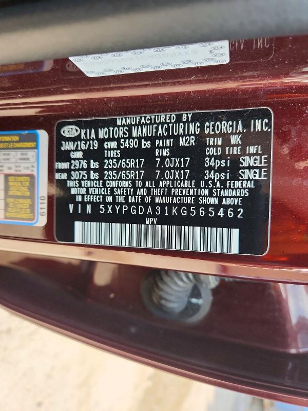 Продаж на аукціоні авто 2019 Kia Sorento, vin: 5XYPGDA31KG565462, номер лоту: 61931076