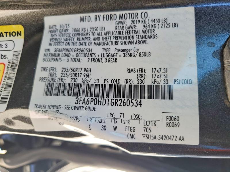 Aukcja sprzedaży 2016 Ford Fusion, vin: 3FA6P0HD1GR260534, numer aukcji: 61334406