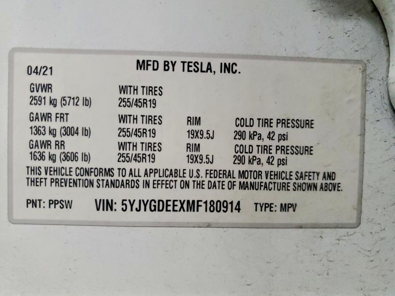 Продаж на аукціоні авто 2021 Tesla Model Y, vin: 5YJYGDEEXMF180914, номер лоту: 60773126