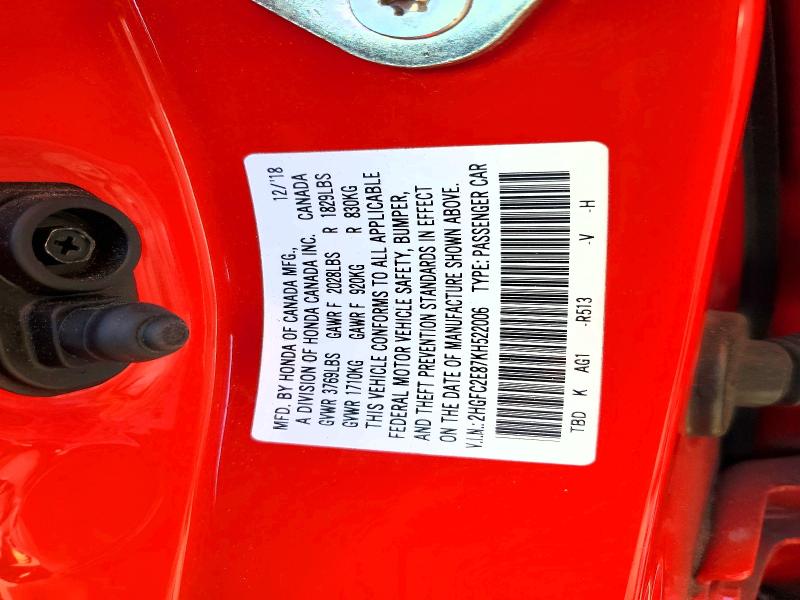 Aukcja sprzedaży 2019 Honda Civic, vin: 2HGFC2E87KH522006, numer aukcji: 60037226