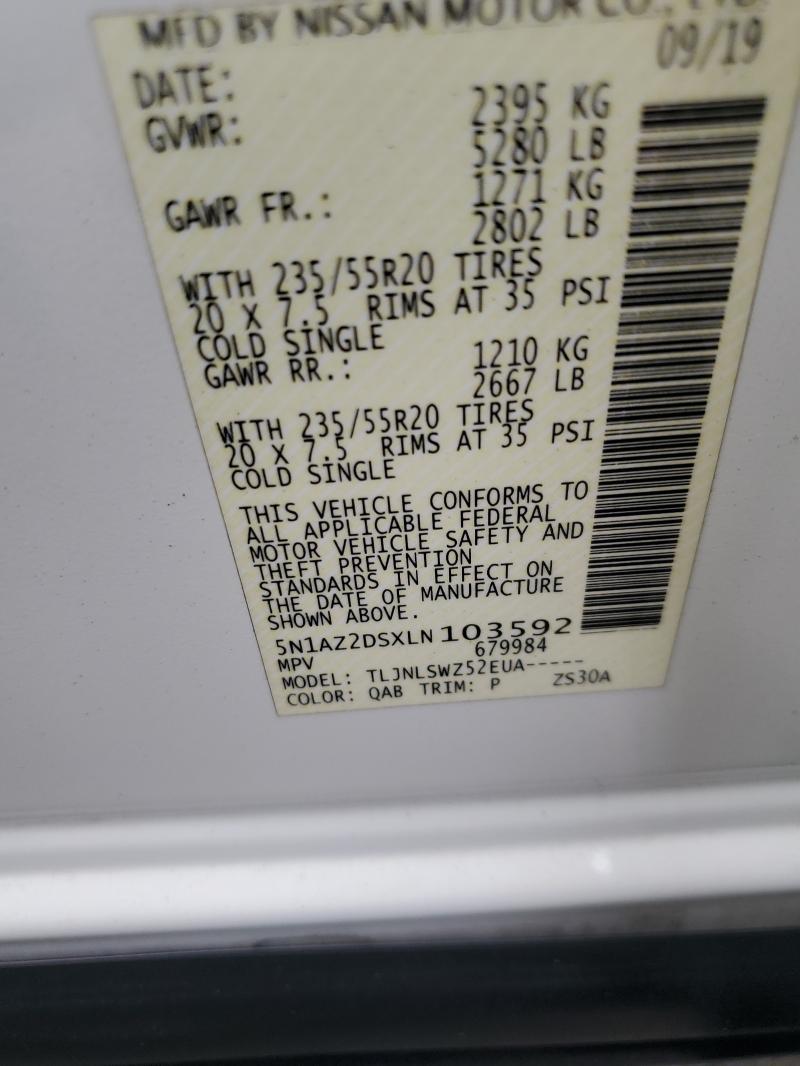Aukcja sprzedaży 2020 Nissan Murano, vin: 5N1AZ2DSXLN103592, numer aukcji: 60854866