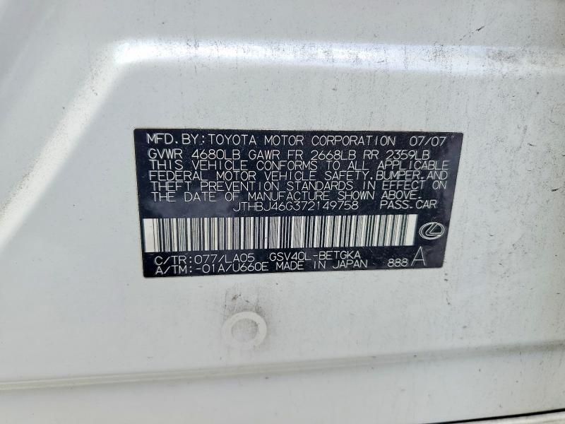 Aukcja sprzedaży 2007 Lexus Es, vin: JTHBJ46G372149758, numer aukcji: 62644876