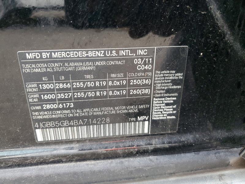 62652196 :رقم المزاد ، 4JGBB5GB4BA714228 vin ، 2011 Mercedes-benz Ml مزاد بيع