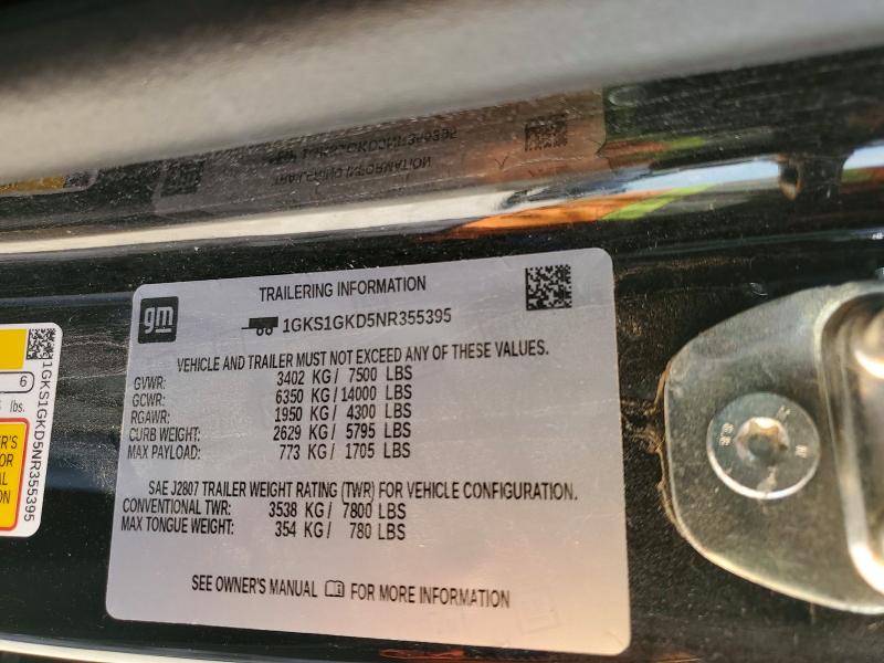 61740526 :رقم المزاد ، 1GKS1GKD5NR355395 vin ، 2022 Gmc Yukon Xl مزاد بيع