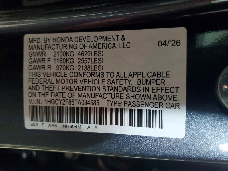 Продаж на аукціоні авто 2026 Honda Accord, vin: 1HGCY2F66TA034585, номер лоту: 63248426