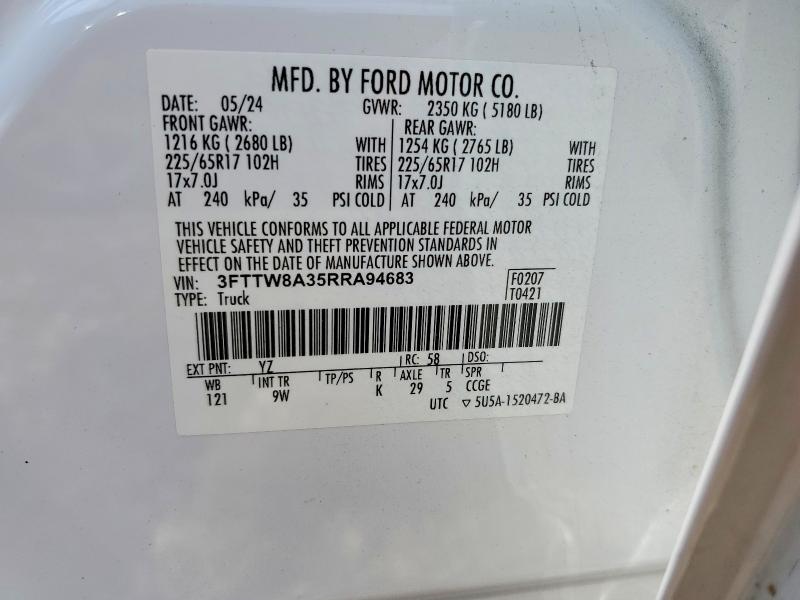 2024 Ford Maverick მანქანა იყიდება აუქციონზე, vin: 3FTTW8A35RRA94683, აუქციონის ნომერი: 61573706