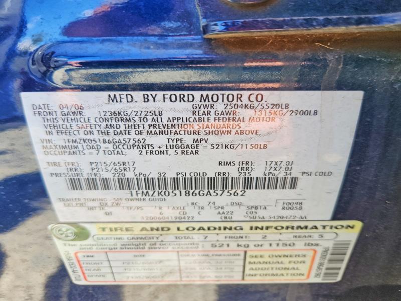 62946856 :رقم المزاد ، 1FMZK05186GA57562 vin ، 2006 Ford Freestyle مزاد بيع