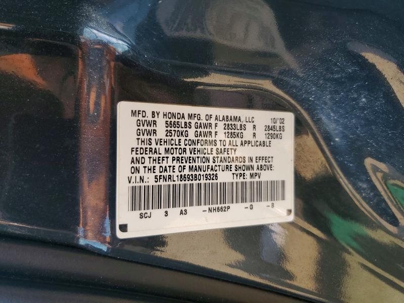 62519976 :رقم المزاد ، 5FNRL18693B019326 vin ، 2003 Honda Odyssey مزاد بيع