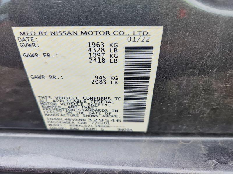 2022 Nissan Altima მანქანა იყიდება აუქციონზე, vin: 1N4BL4BVXNN329546, აუქციონის ნომერი: 60481926