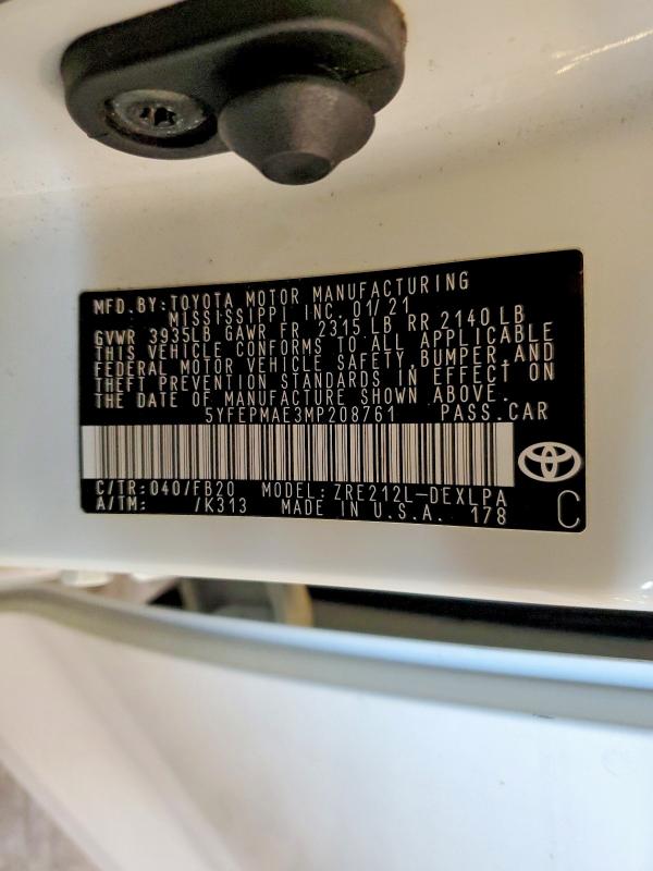 Продажа на аукционе авто 2021 Toyota Corolla, vin: 5YFEPMAE3MP208761, номер лота: 60711956