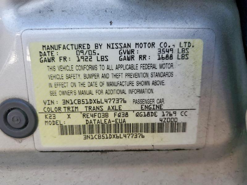 2006 Nissan Sentra მანქანა იყიდება აუქციონზე, vin: 3N1CB51DX6L477376, აუქციონის ნომერი: 62106106
