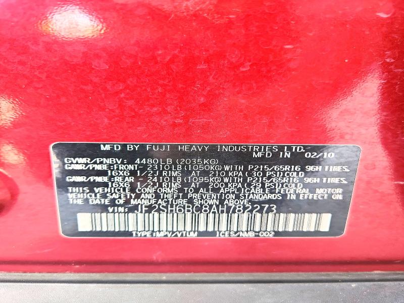 2010 Subaru Forester მანქანა იყიდება აუქციონზე, vin: JF2SH6BC8AH782273, აუქციონის ნომერი: 62681206