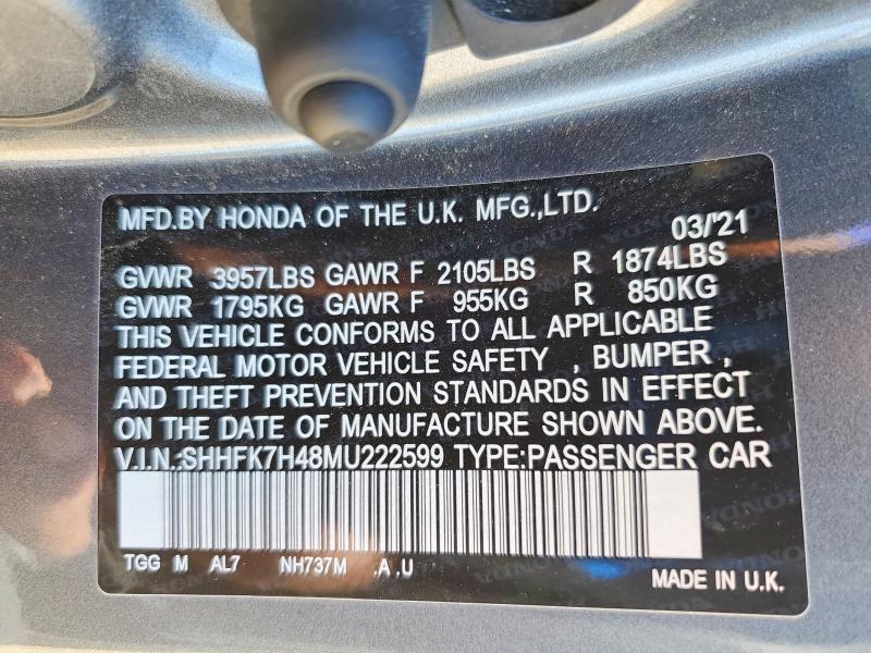 Продаж на аукціоні авто 2021 Honda Civic, vin: SHHFK7H48MU222599, номер лоту: 59711496