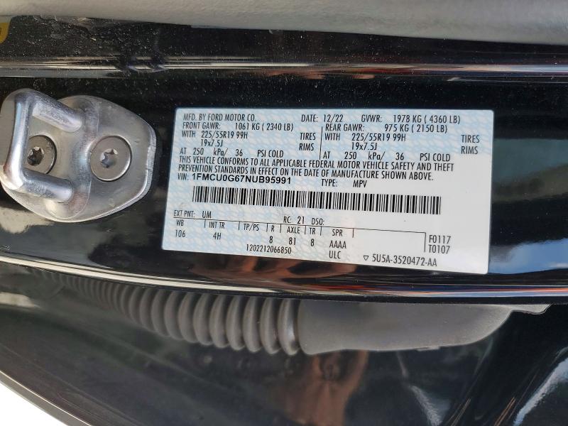 2022 Ford Escape მანქანა იყიდება აუქციონზე, vin: 1FMCU0G67NUB95991, აუქციონის ნომერი: 60603916