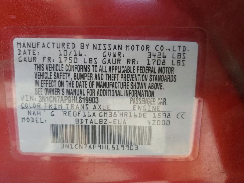 59880246 :رقم المزاد ، 3N1CN7AP9HL819903 vin ، 2017 Nissan Versa مزاد بيع