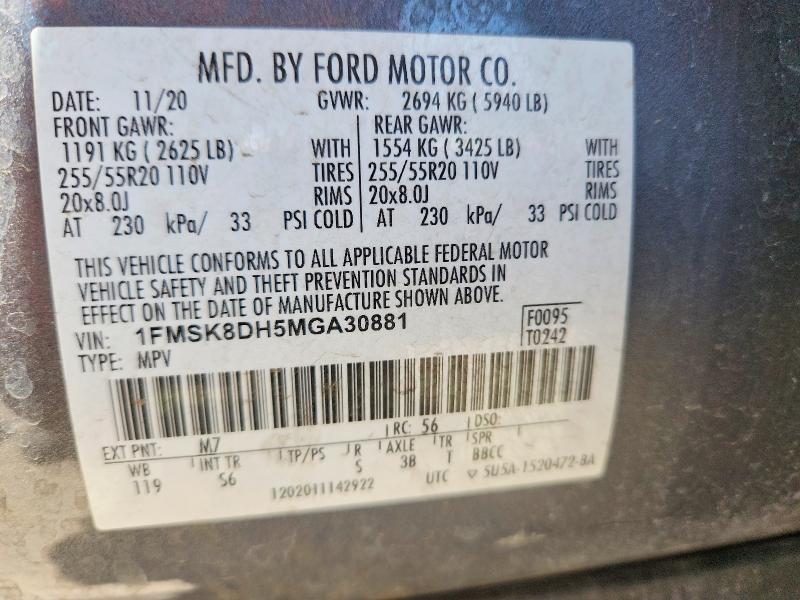 2021 Ford Explorer მანქანა იყიდება აუქციონზე, vin: 1FMSK8DH5MGA30881, აუქციონის ნომერი: 61025036