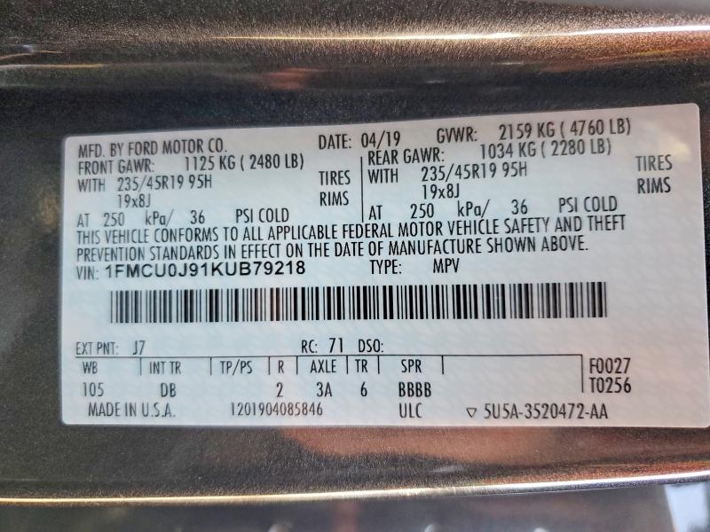 Продажа на аукционе авто 2019 Ford Escape, vin: 1FMCU0J91KUB79218, номер лота: 63336256