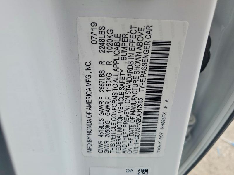 Aukcja sprzedaży 2019 Honda Accord, vin: 1HGCV3F52KA017965, numer aukcji: 60057776