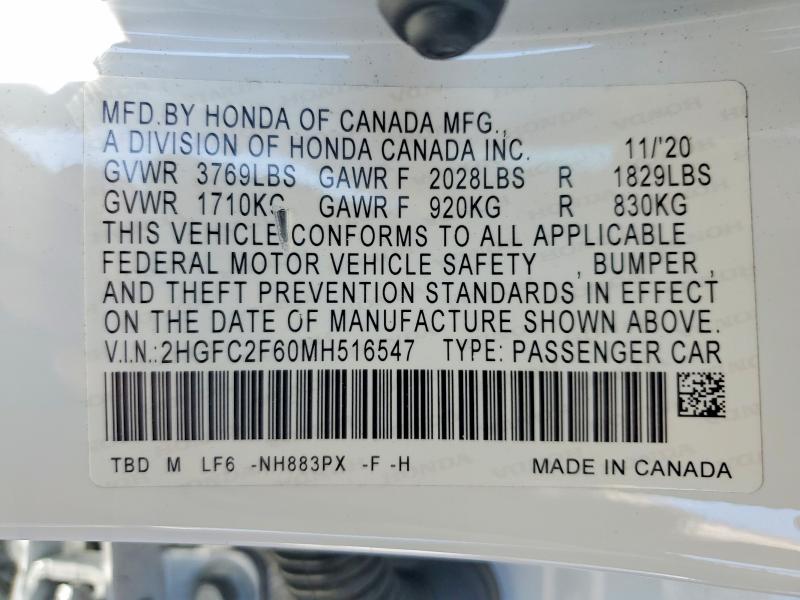 Продажа на аукционе авто 2021 Honda Civic, vin: 2HGFC2F60MH516547, номер лота: 62699906