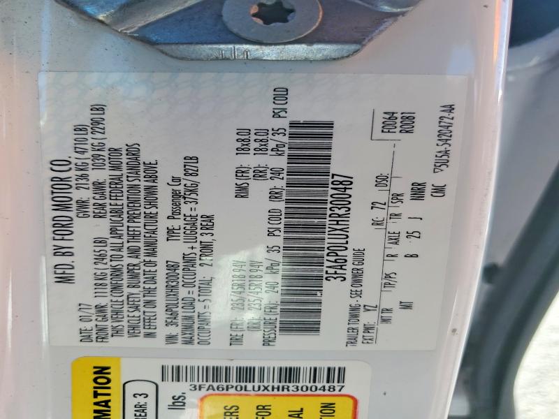 Продажа на аукционе авто 2017 Ford Fusion, vin: 3FA6P0LUXHR300487, номер лота: 59401356