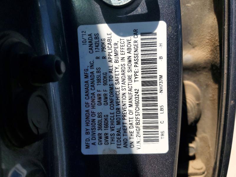 Продажа на аукционе авто 2012 Honda Civic, vin: 2HGFB2F57CH603242, номер лота: 60204736