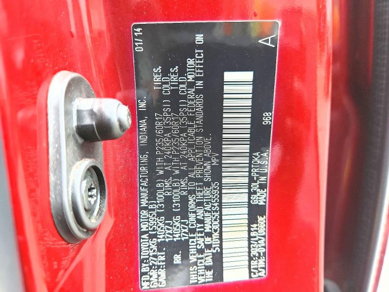 61295096 :رقم المزاد ، 5TDYK3DC5ES455935 vin ، 2014 Toyota Sienna مزاد بيع