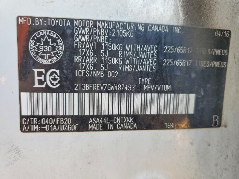 Продажа на аукционе авто 2016 Toyota Rav4, vin: 2T3BFREV7GW487493, номер лота: 62028066