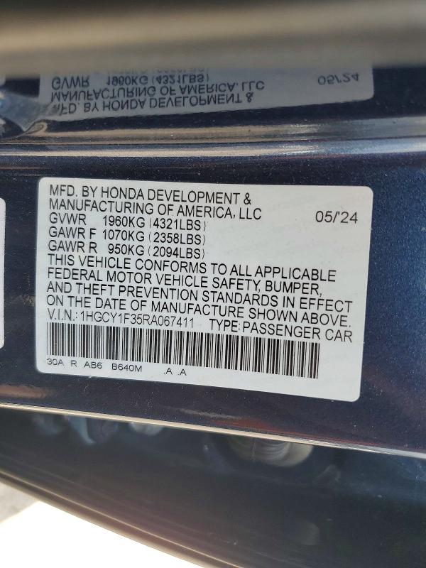 Aukcja sprzedaży 2024 Honda Accord, vin: 1HGCY1F35RA067411, numer aukcji: 61244746