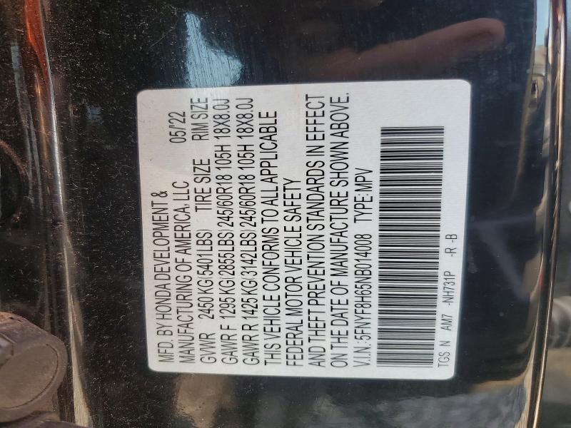 62717456 :رقم المزاد ، 5FNYF8H65NB014008 vin ، 2022 Honda Passport مزاد بيع