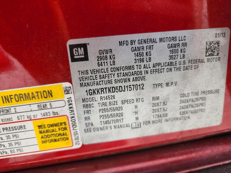 62604896 :رقم المزاد ، 1GKKRTKD5DJ157012 vin ، 2013 Gmc Acadia مزاد بيع