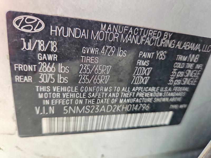 Продаж на аукціоні авто 2019 Hyundai Santa Fe, vin: 5NMS23AD2KH014796, номер лоту: 61637266