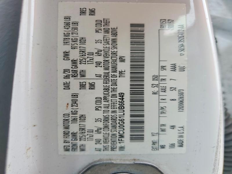 2020 Ford Escape მანქანა იყიდება აუქციონზე, vin: 1FMCU0G61LUB66449, აუქციონის ნომერი: 62284026