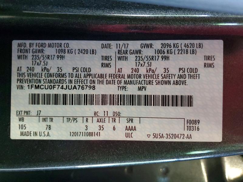 Продажа на аукционе авто 2018 Ford Escape, vin: 1FMCU0F74JUA76798, номер лота: 61739026
