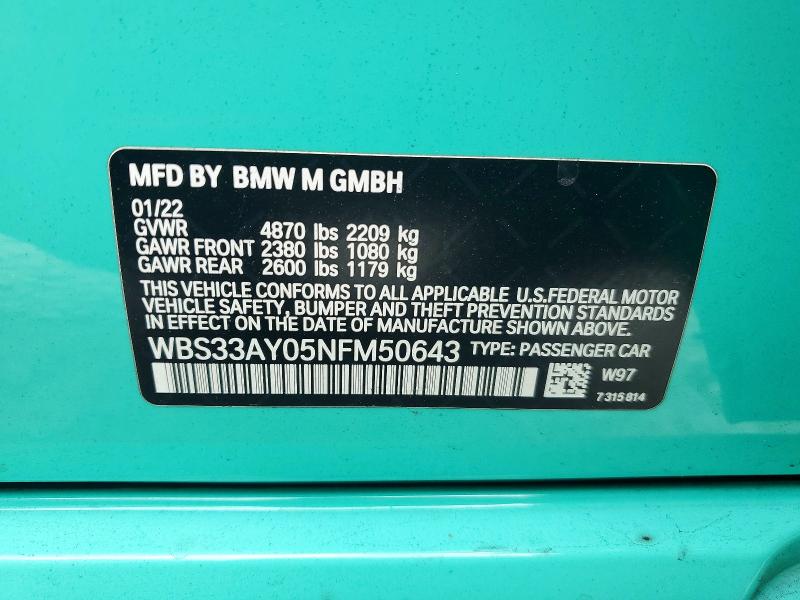 Aukcja sprzedaży 2022 Bmw M3, vin: WBS33AY05NFM50643, numer aukcji: 61540546