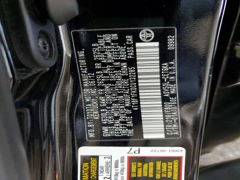 Aukcja sprzedaży 2012 Toyota Camry, vin: 4T1BF1FK0CU132285, numer aukcji: 62866506