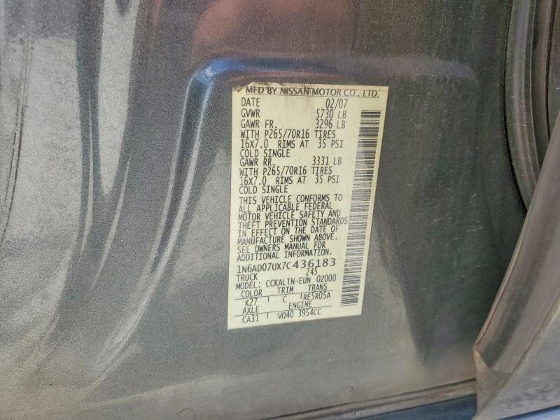 2007 Nissan Frontier მანქანა იყიდება აუქციონზე, vin: 1N6AD07UX7C436183, აუქციონის ნომერი: 62041216